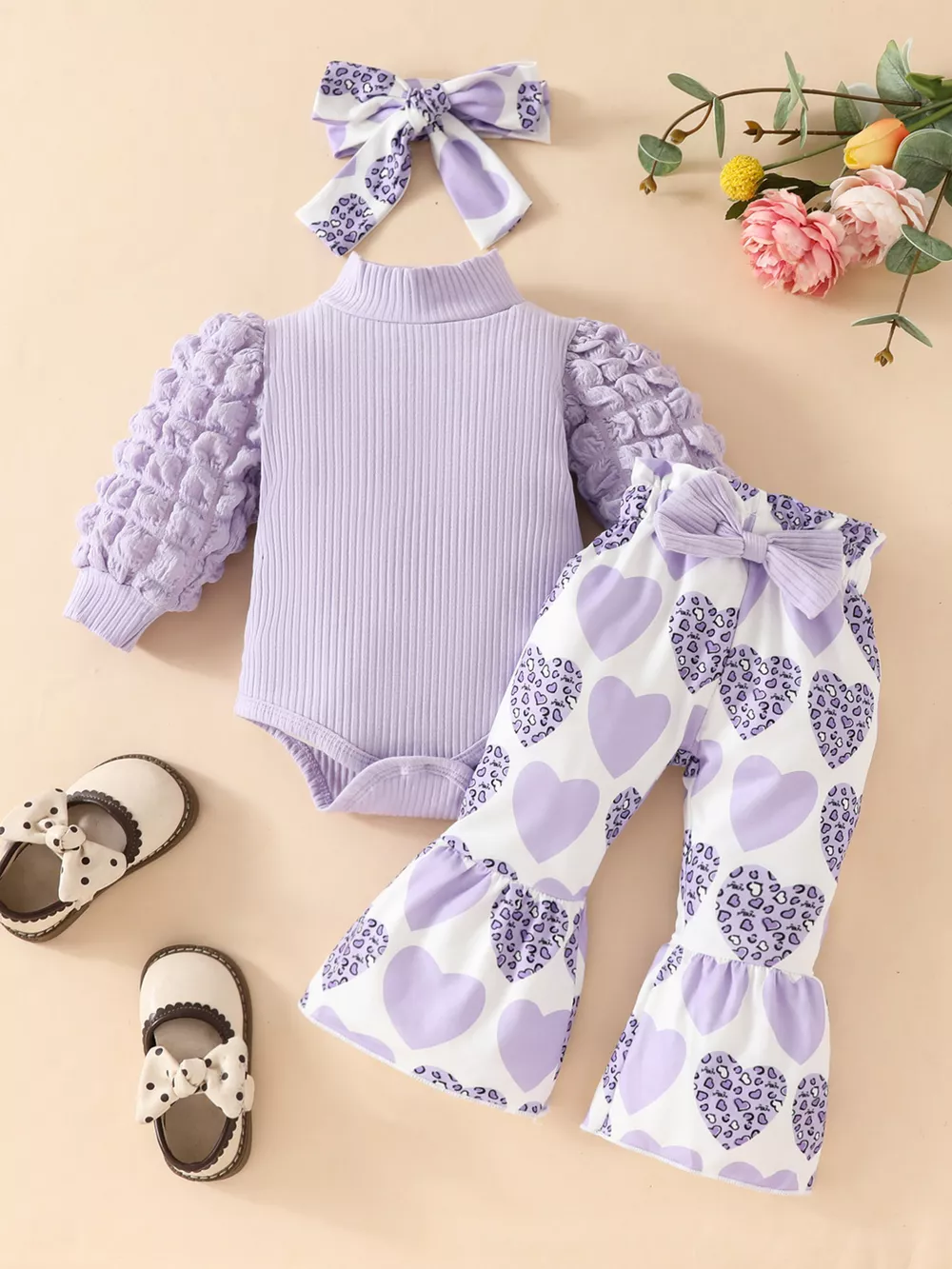 Children's Bubble Texture Long Sleeve Top and Pants Set with Headband