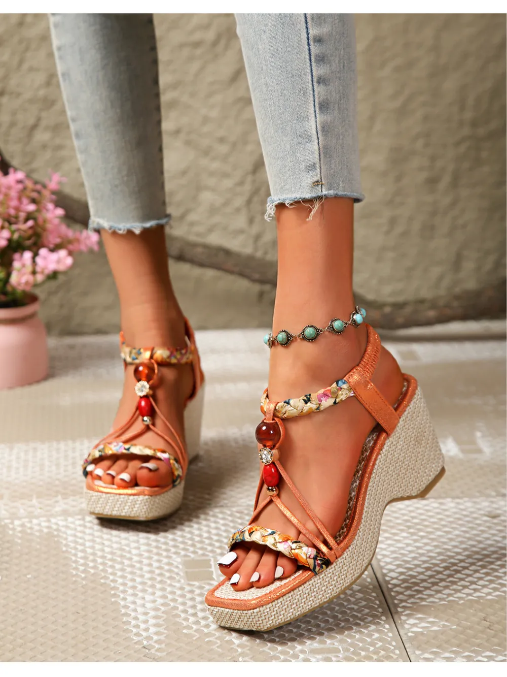 Bohemian Floral Beaded Wedge Sandals, image 5