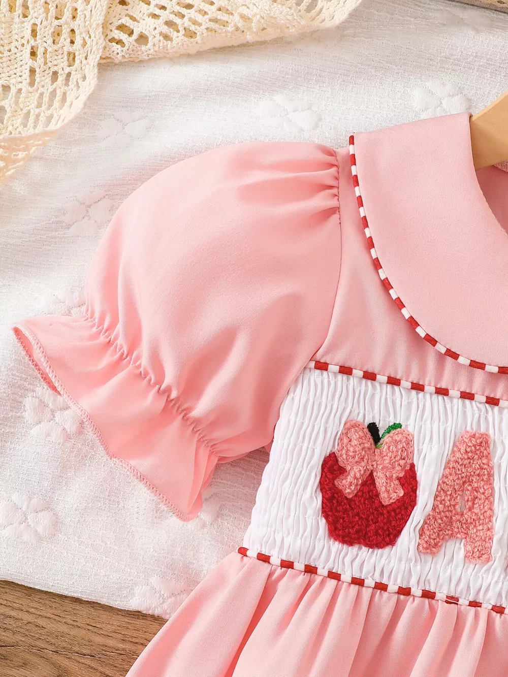 Children's Smocked ABC Apple Embroidered Peter Pan Collar Dress, image 4
