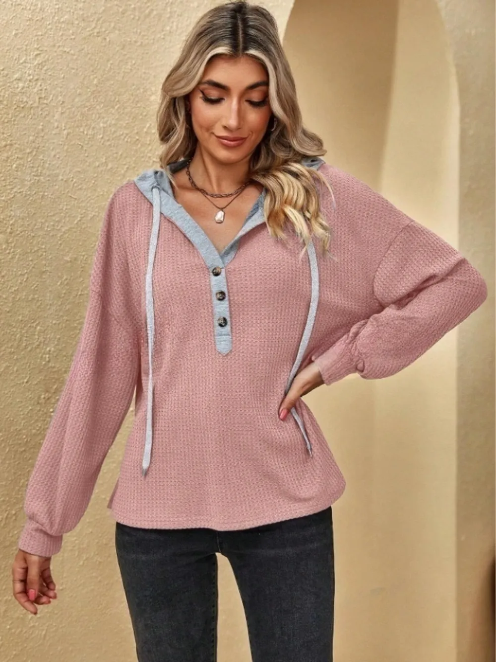 Drawstring Waffle Knit Hoodie, image 7