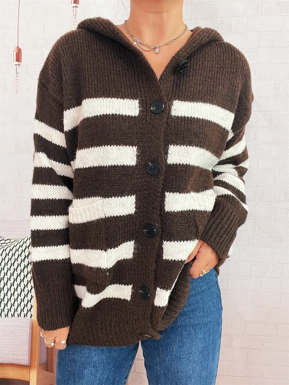 Striped Button-Up Hooded Cardigan, image 14