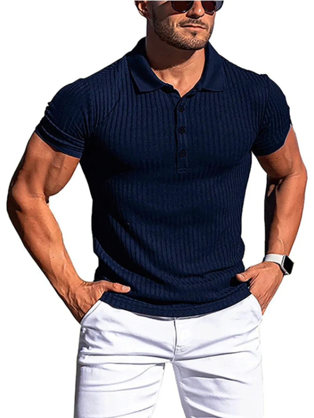 Men's Full Size Ribbed Button Detail Short Sleeve Polo Plus Size, image 7