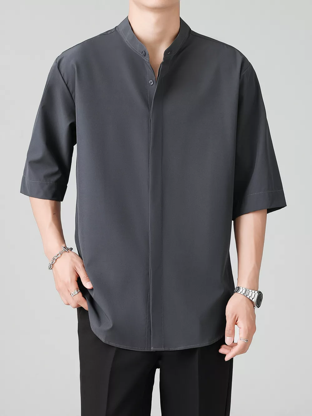 Men's Full Size Casual Mandarin Collar Half Sleeve Shirt Plus Size, image 5