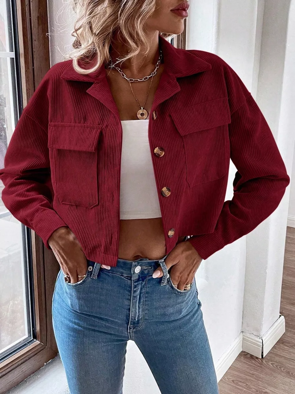 Cropped Corduroy Button-Down Jacket, image 17
