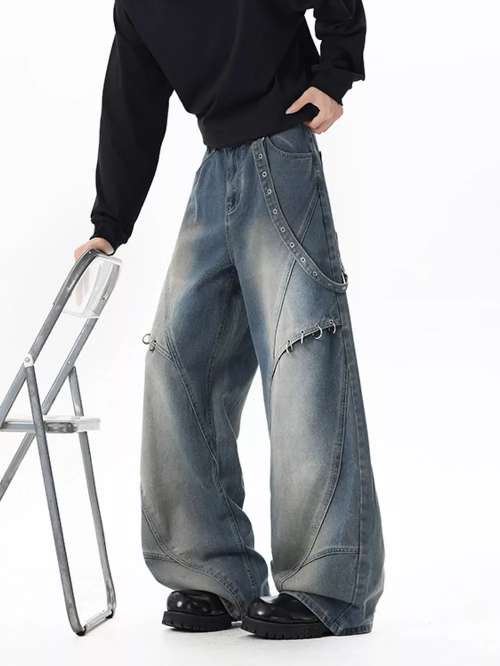 Men's Full Size Wide-Leg Denim Jeans with Metal Ring Plus Size, image 7