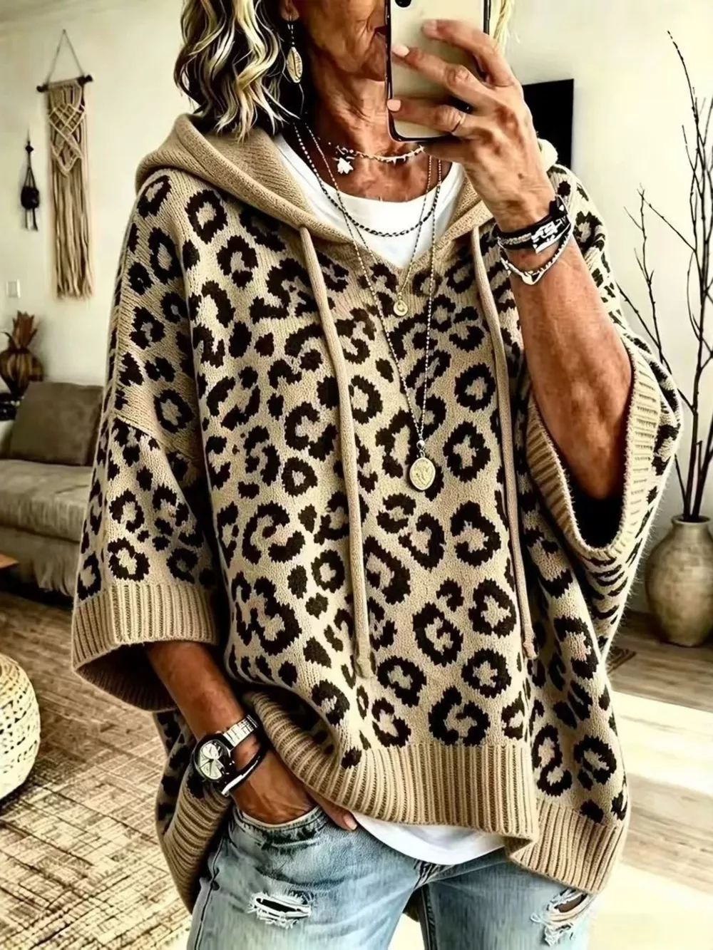 Leopard Print Hooded Knit Sweater, image 3