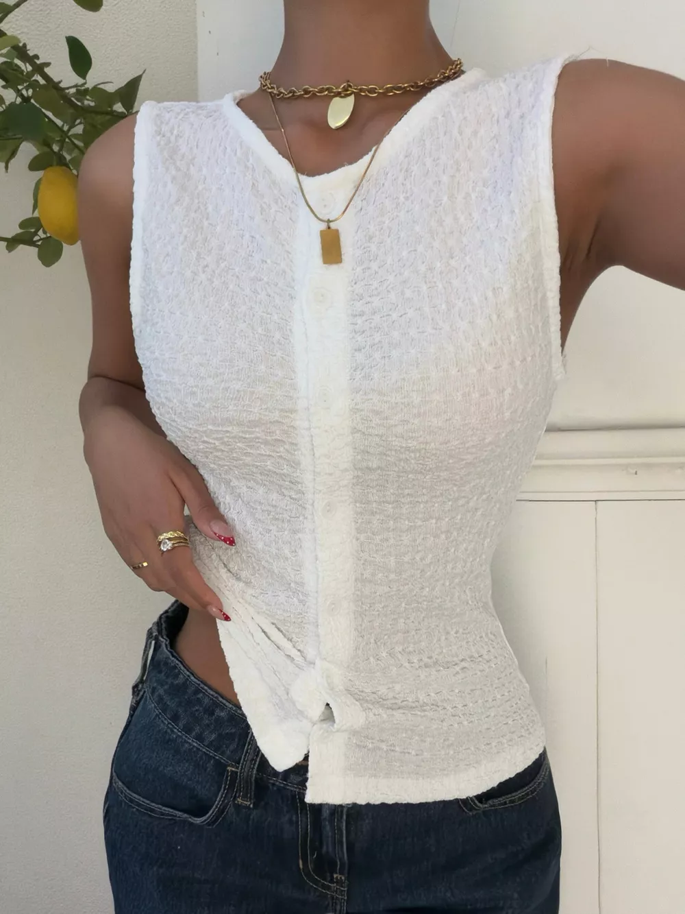 Textured Knit Button-Down Tank, image 4