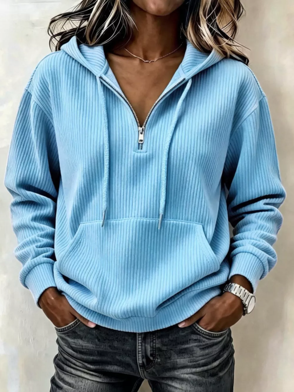 Ribbed Knit Quarter-Zip Hoodie, image 7