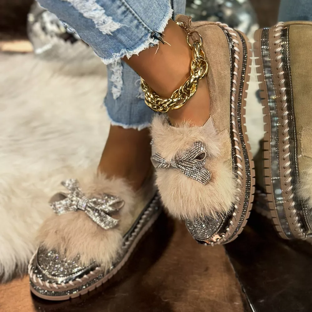 Fuzzy Bowknot Rhinestone Platform Loafers, image 9