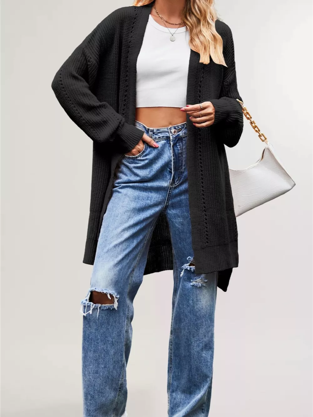 Open Front Openwork Knit Longline Cardigan