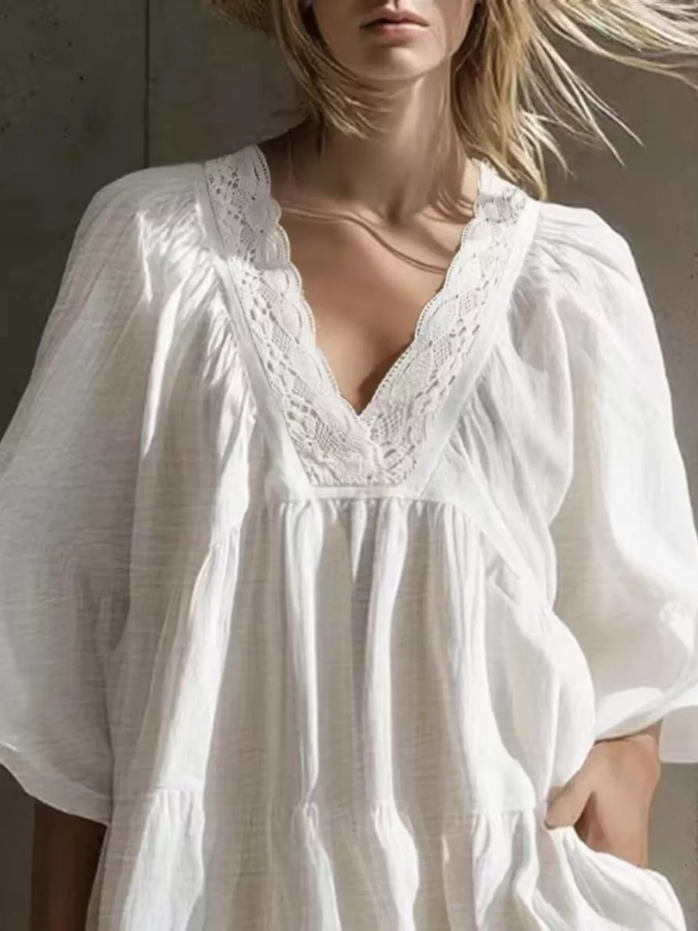 Full Size Lace Trim Puff Sleeve Mini Dress Plus Size, image 3
