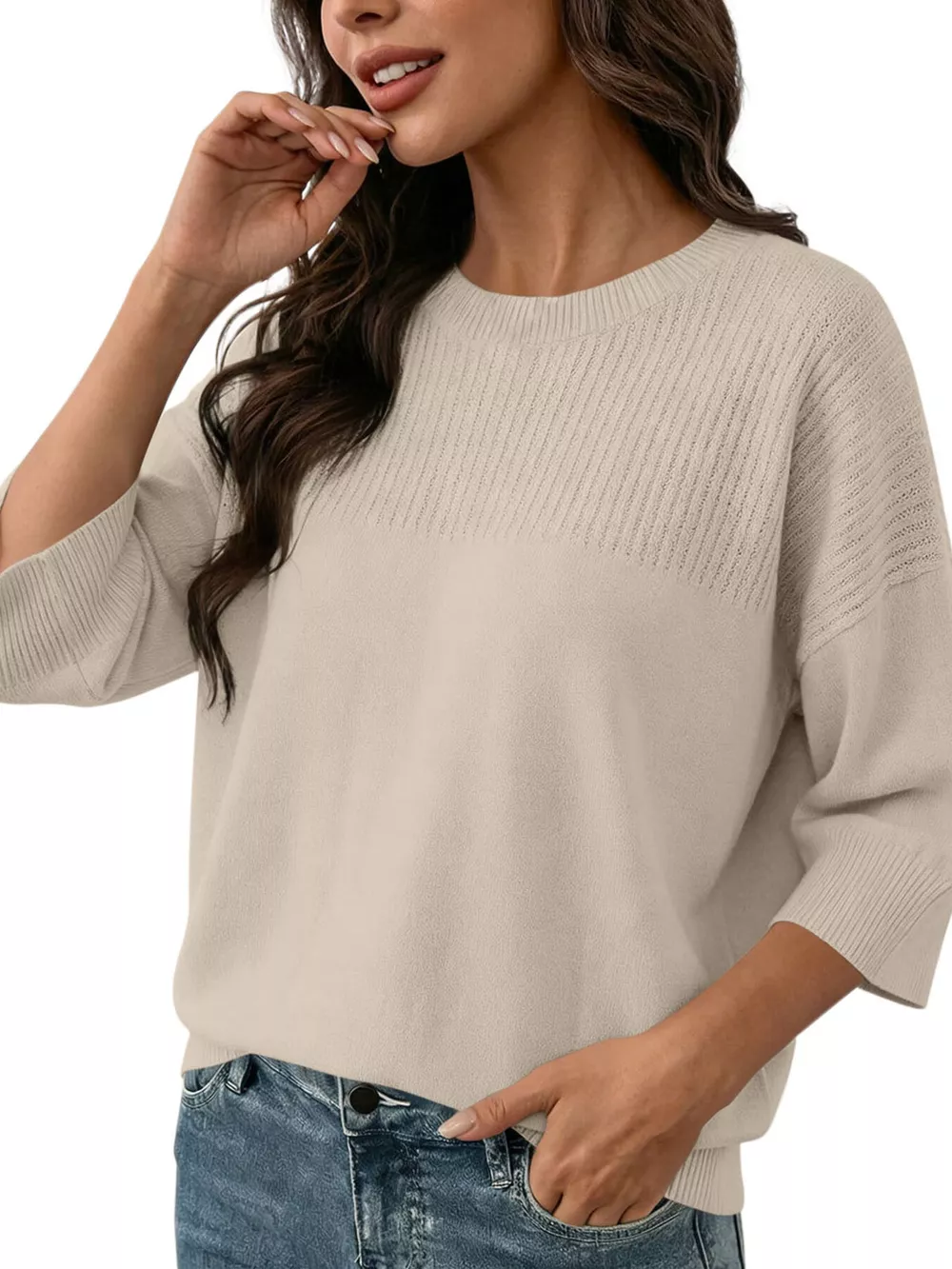 Elegant Crew Neck Eyelet Ribbed Sweater, image 16