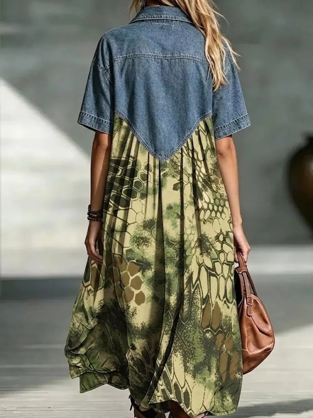 Full Size Denim Patchwork Printed Shirt Dress Plus Size, image 11