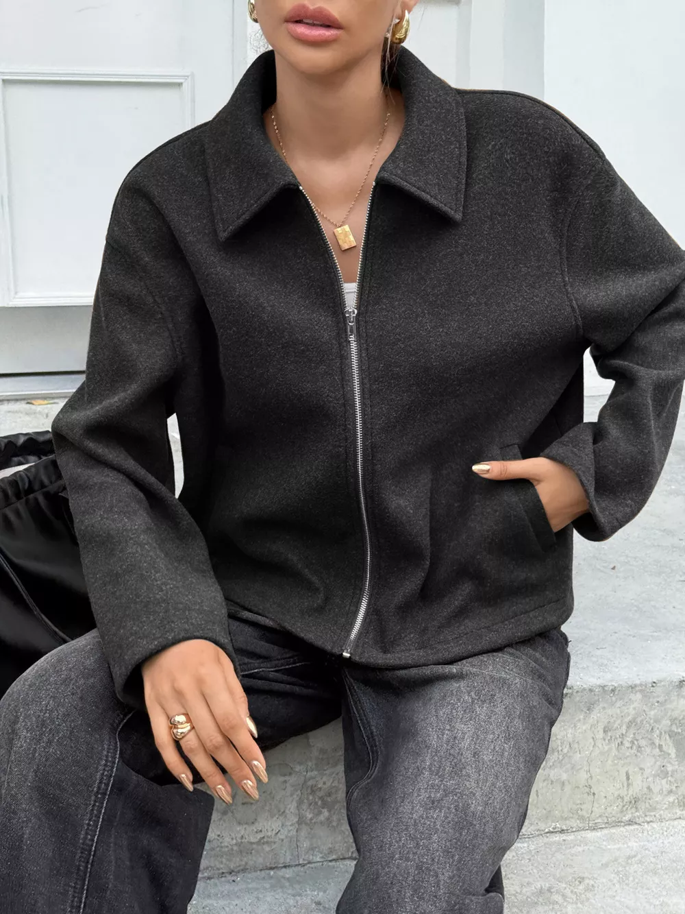 Zip-Up Dropped Shoulder Jacket, image 12
