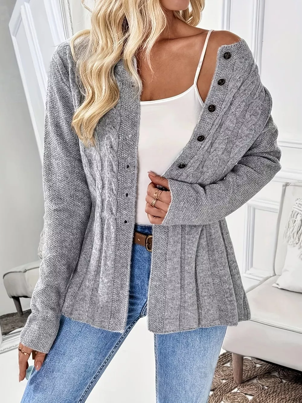 Cable Knit Button Up Cardigan, image 5