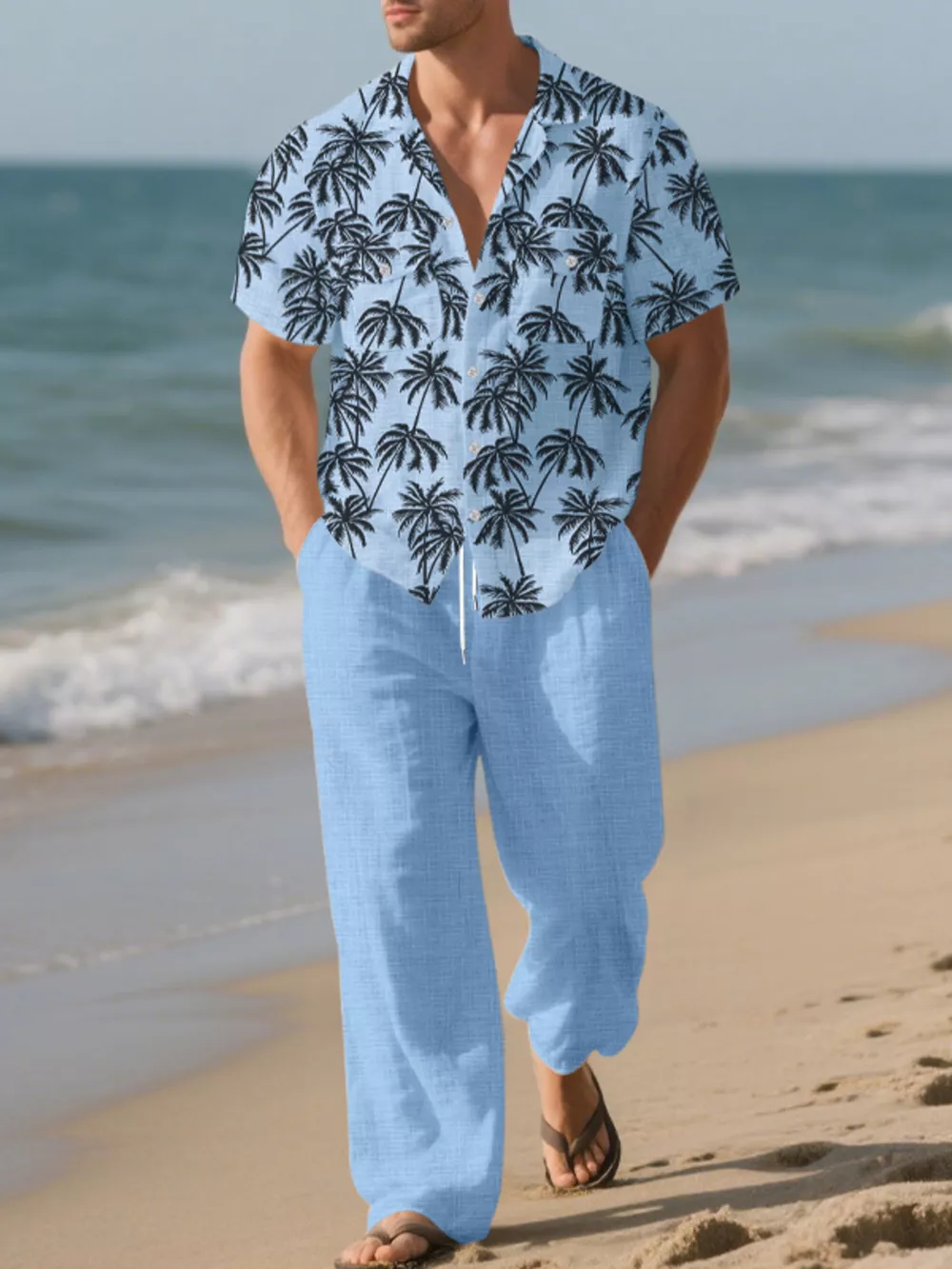 Men's Full Size Tropical Palm Print Button Up Shirt and Pants Set Plus Size, image 4