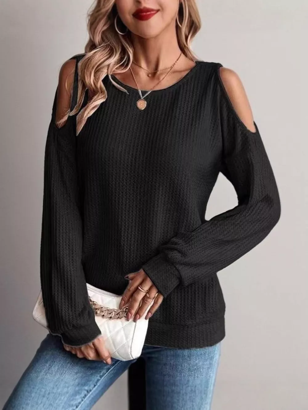 Solid Color Cold Shoulder Long Sleeve T-Shirt, image 2