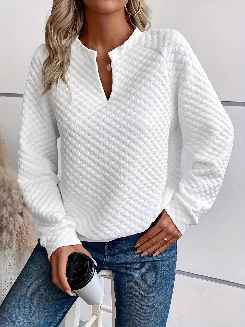Quilted Texture Long Sleeve Sweatshirt with Notched Neck, image 22