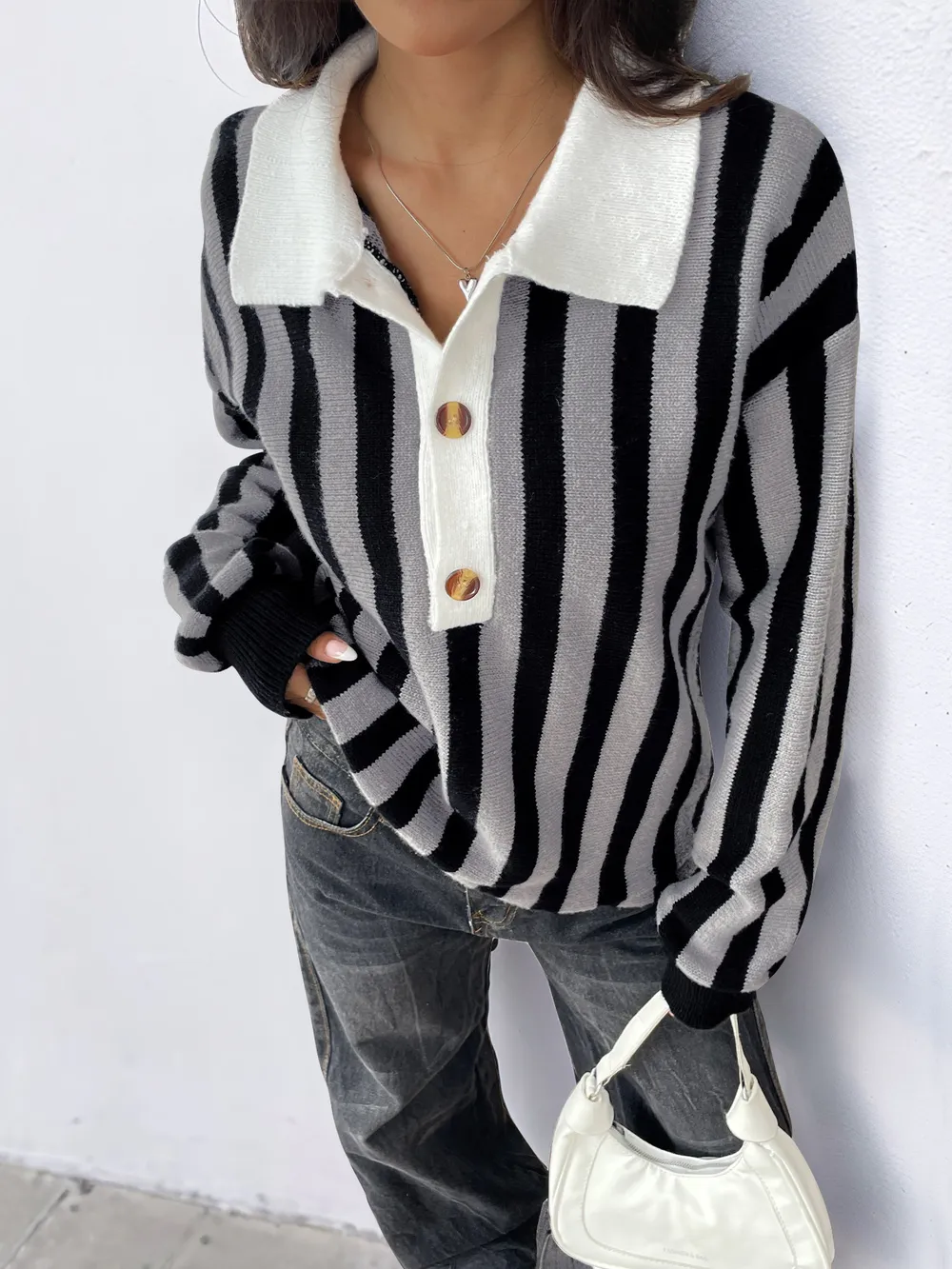 Striped Button Front Long Sleeve Sweater, image 3