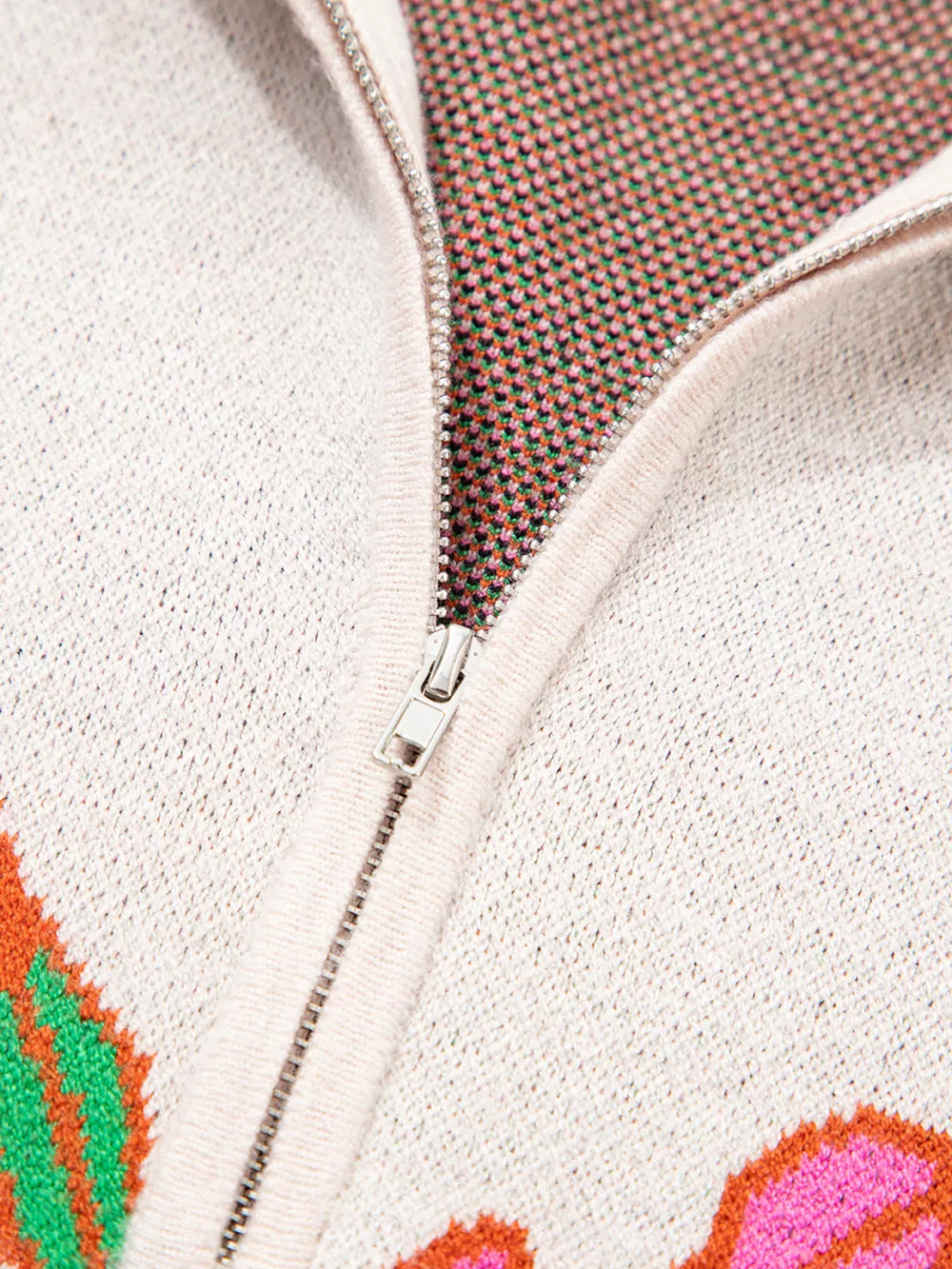 Floral Pattern Knit Quarter Zip Stand Neck Sweater, image 7