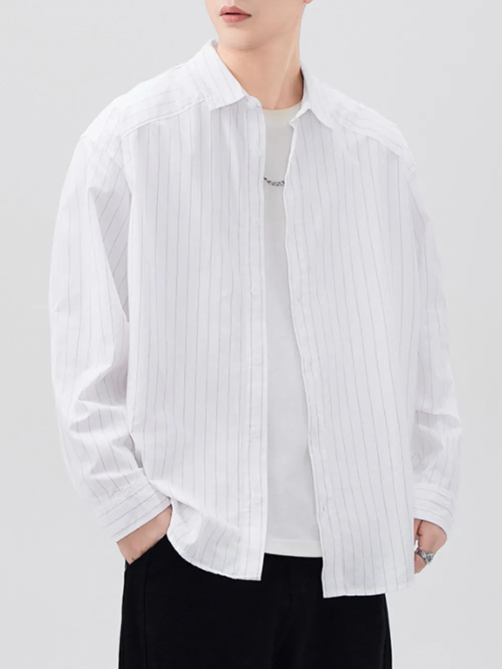 Men's Plus Size Striped Button Up Long Sleeve Shirt, image 2