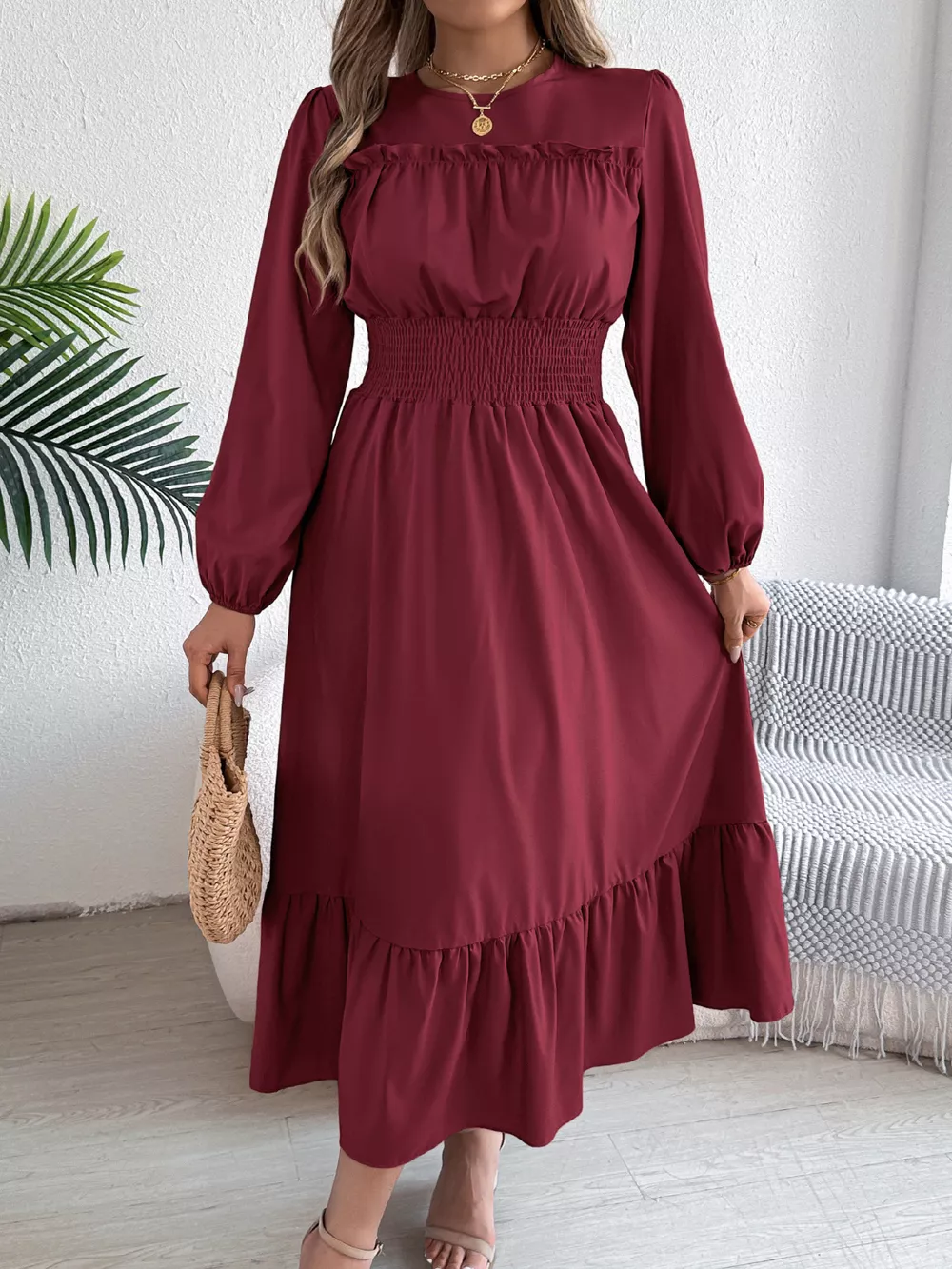 Round Neck Balloon Sleeve Tiered Dress, image 18