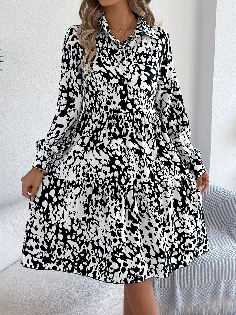 Printed Collared Neck Long Sleeve Dress, image 8