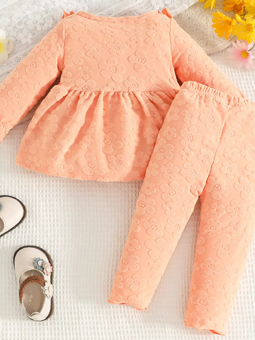 Children's Floral Embossed Ruffle Trim Top and Pants Set, image 5