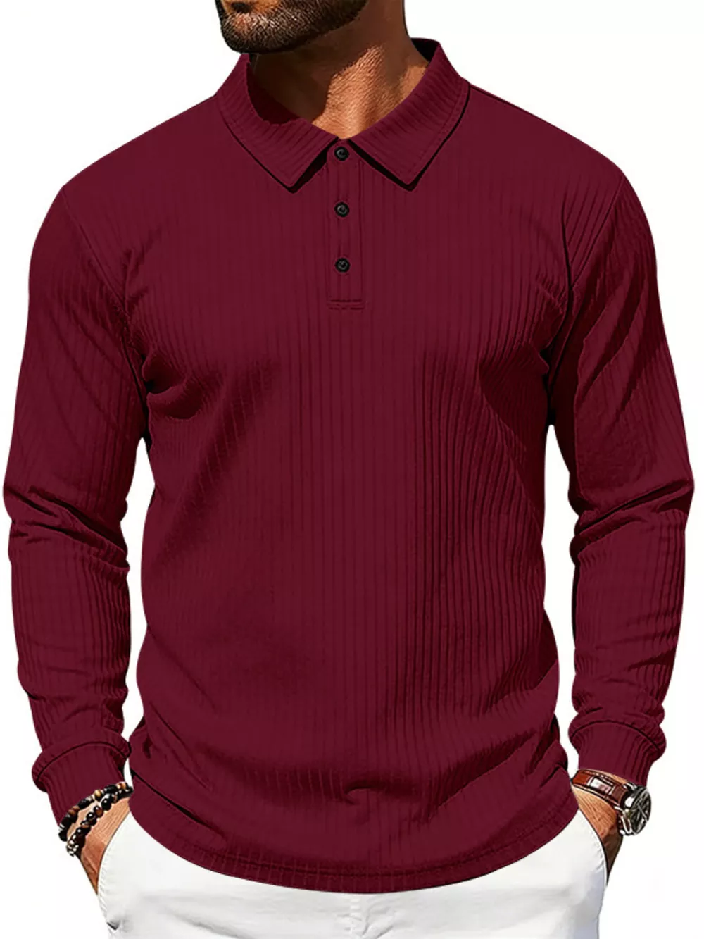 Men's Full Size Ribbed Long Sleeve Polo with Button Detail Plus Size, image 11