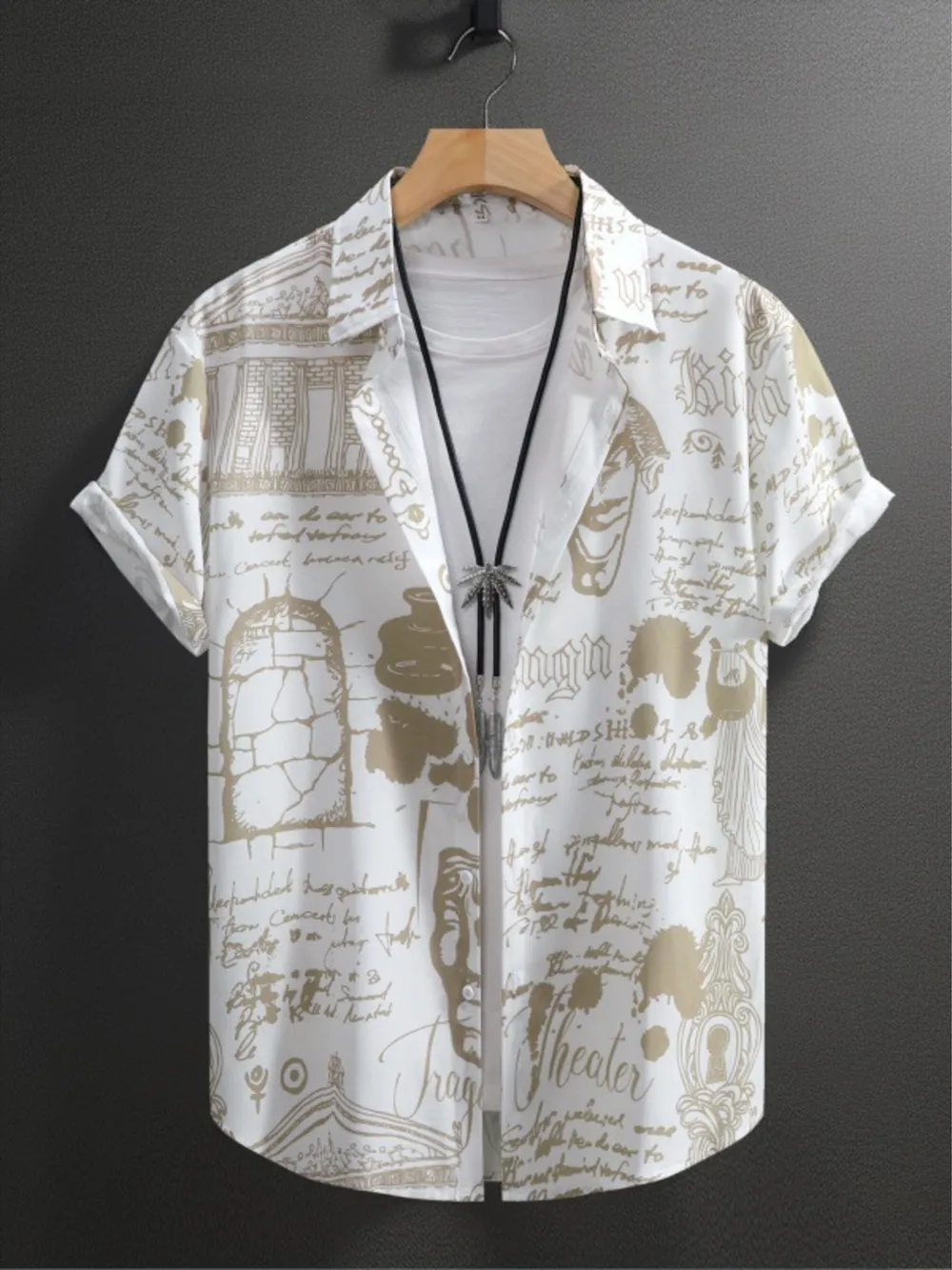 Men's Vintage Art Print Short Sleeve Button-Up Shirt