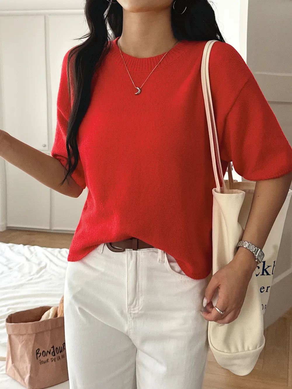 Ribbed Hem Round Neck Sweater, image 12