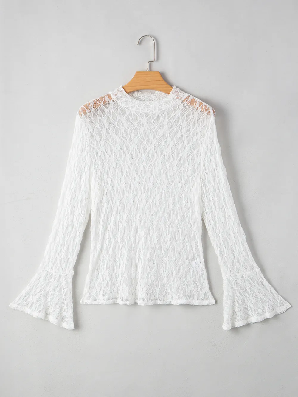 Sheer Lace Bell Sleeve Mock Neck Blouse, image 5
