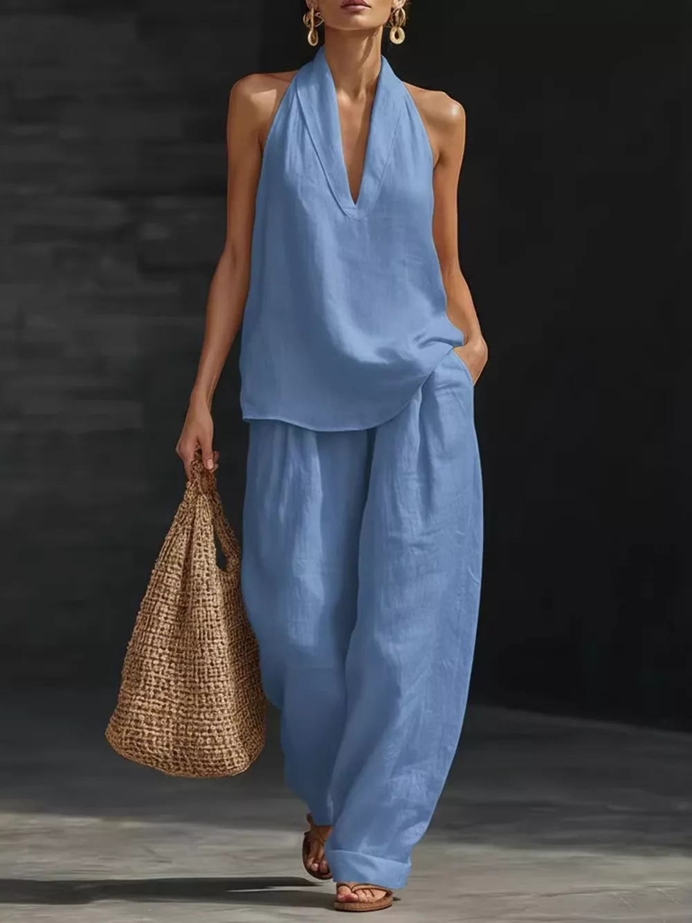 Full Size Halter Neck Top and Wide Leg Pants Set Plus Size, image 4