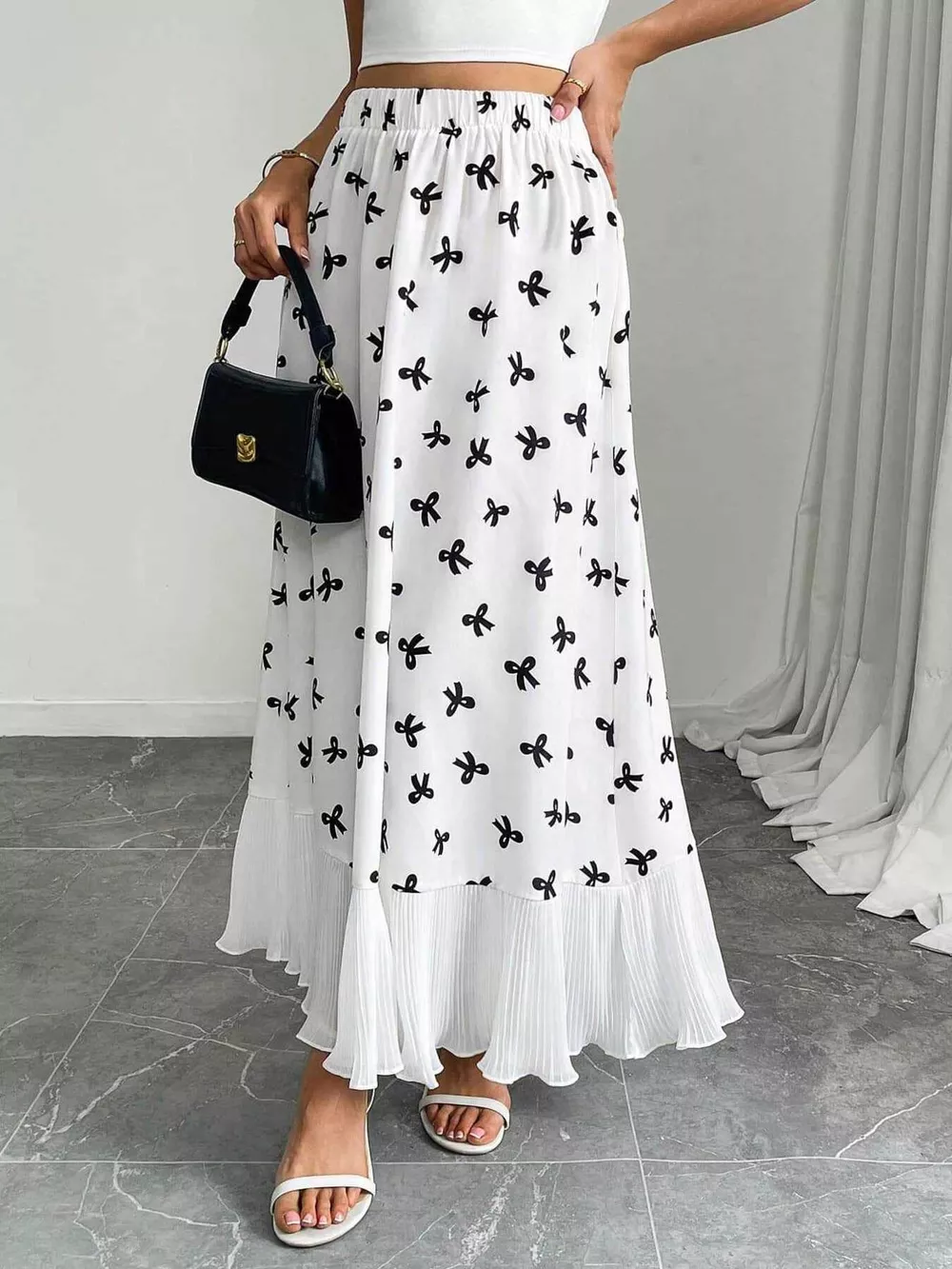 Bow Print Ruffle Hem Flowy Maxi Skirt, image 3