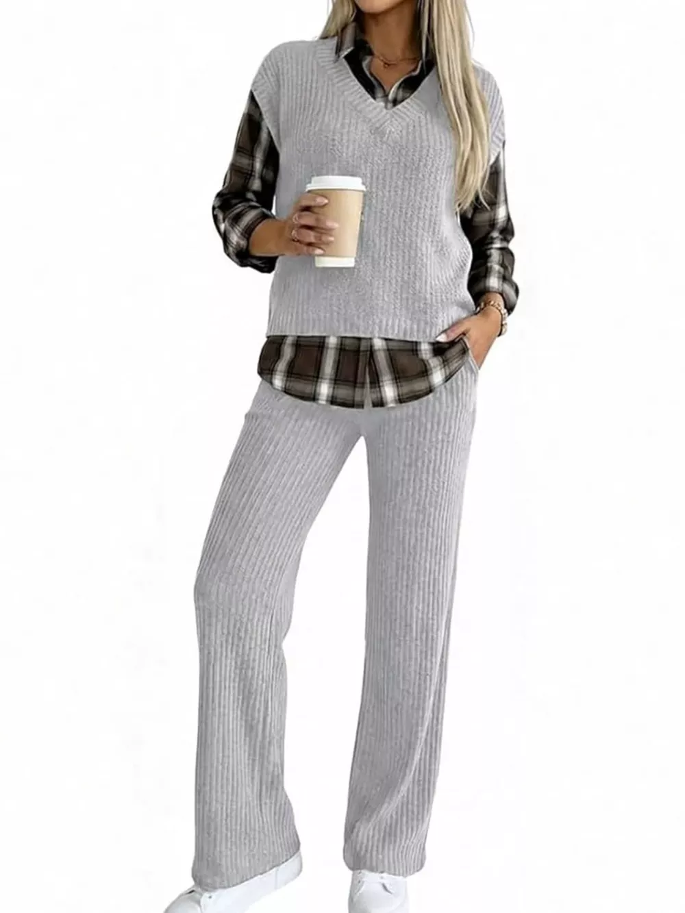 Ribbed Knit Plaid Sleeve Top & Pants Set