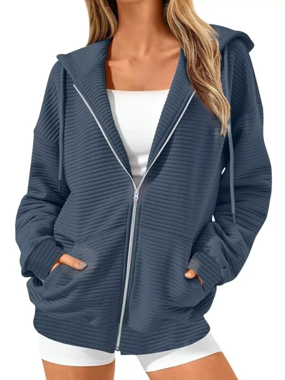Drawstring Zip Up Dropped Shoulder Hoodie, image 5