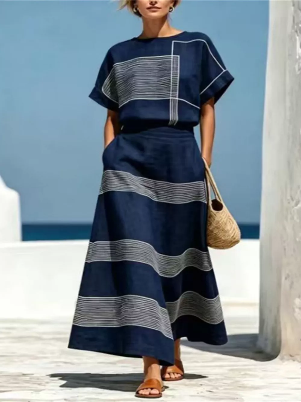 Full Size Striped Round Neck Top and Skirt Set Plus Size, image 3