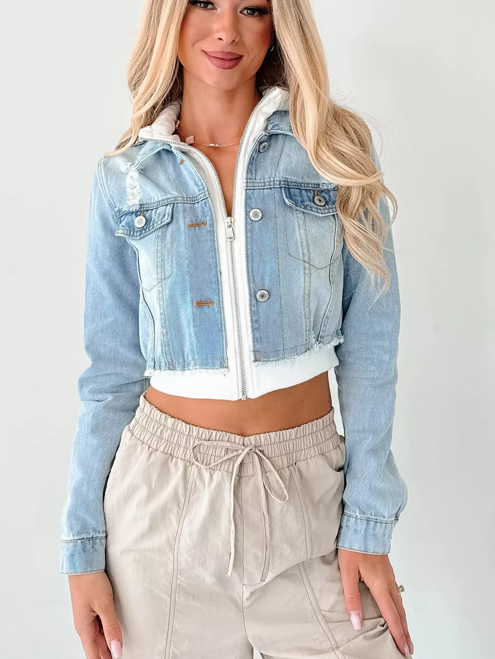 Distressed Zip Up Cropped Hooded Denim Jacket, image 11