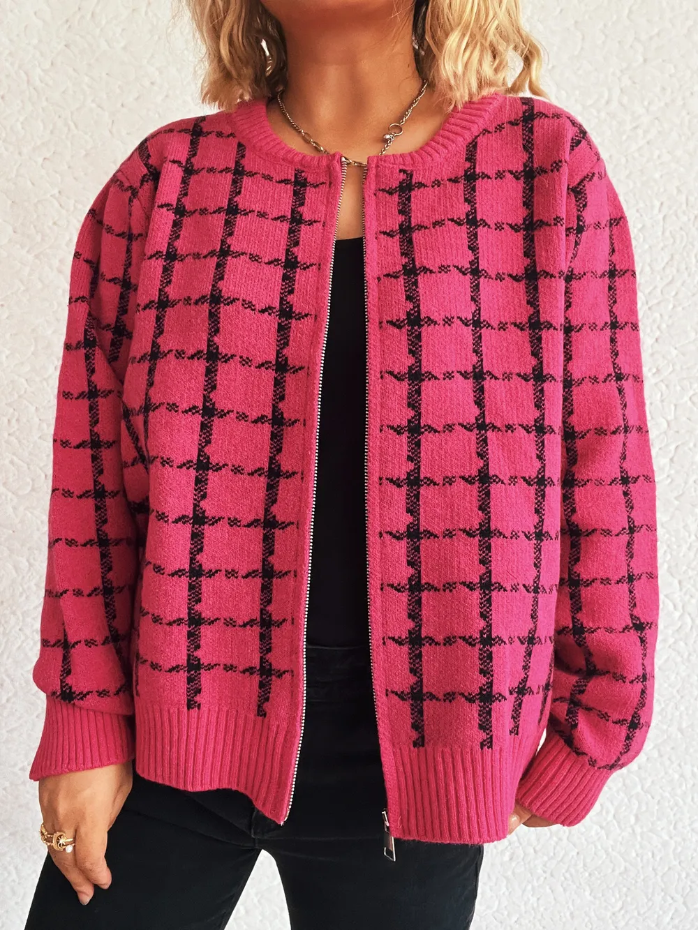 Plaid Pattern Zip Up Cardigan, image 26