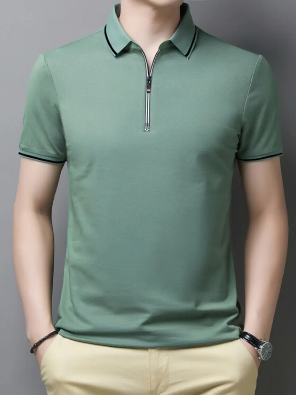 Men's Plus Size Half-Zip Contrast Trim Polo Shirt, image 2