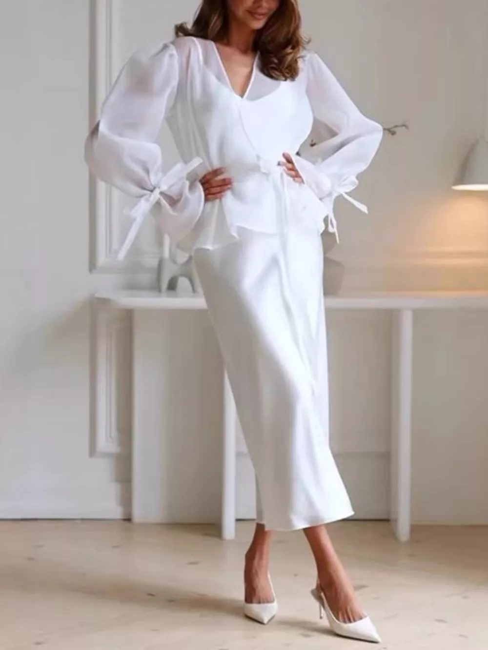 Flounce Sleeve Blouse and Satin Midi Skirt Two-Piece Set, image 11