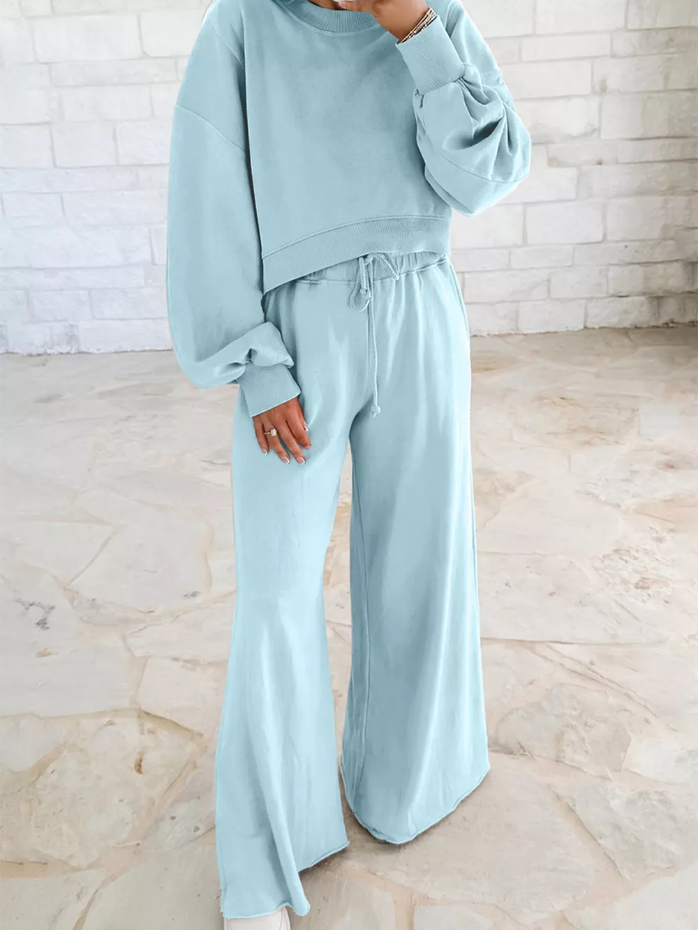 Drop Shoulder Puff Sleeve Crop Top and Drawstring Wide Leg Pants Set, image 19