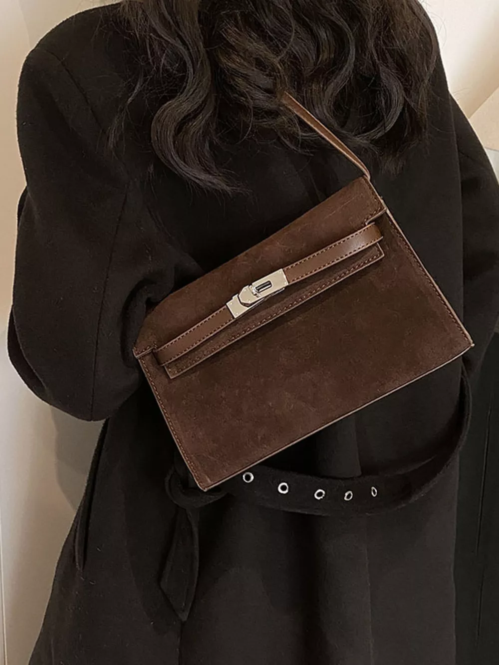 Solid Color Buckle Shoulder Bag, image 4
