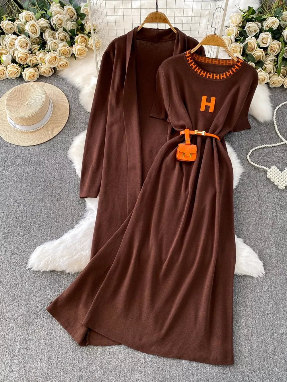 Round Neck Knitted Dress & Cardigan Set, image 13