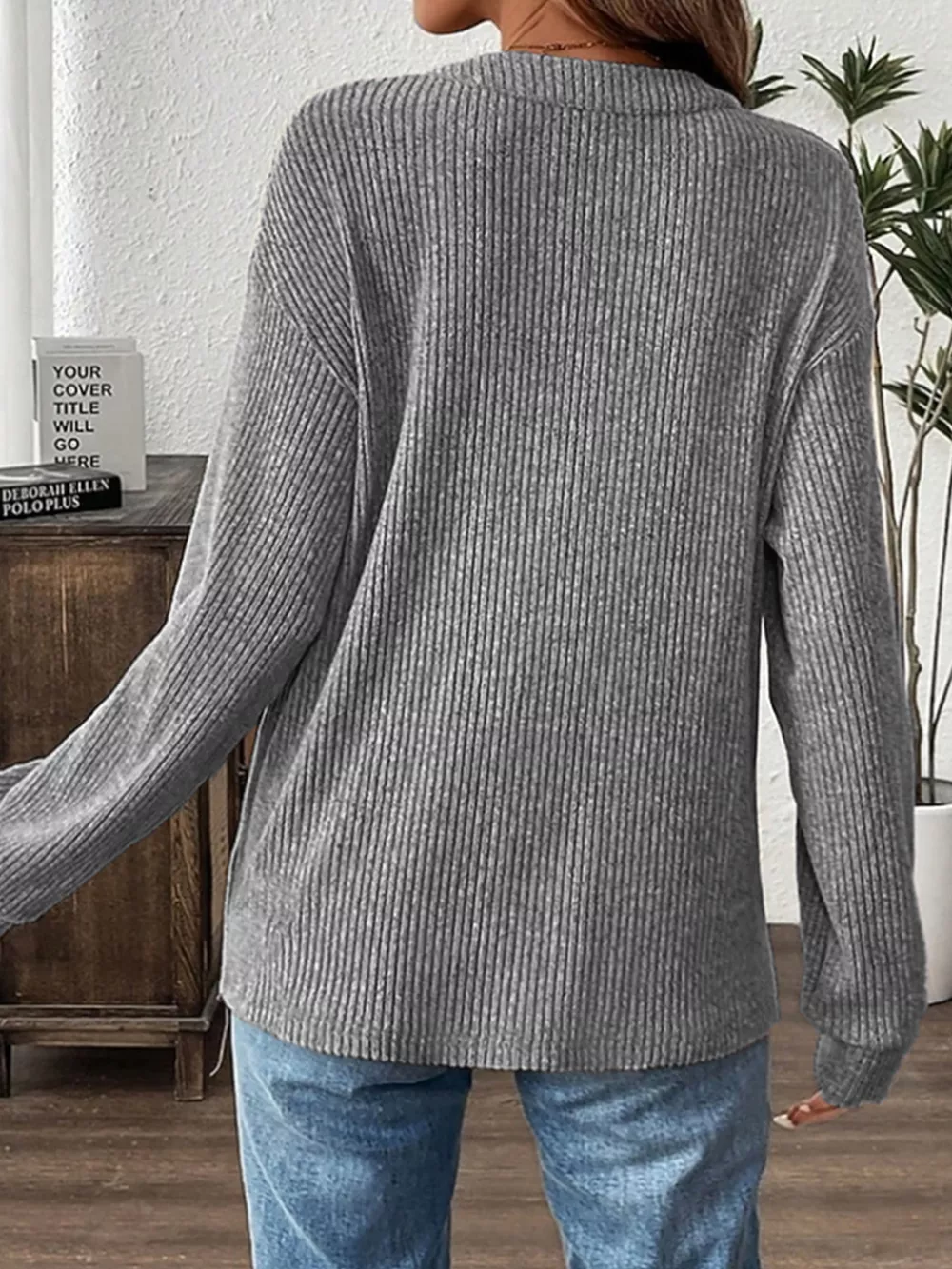 Ribbed Button Detail Long Sleeve T-Shirt, image 13