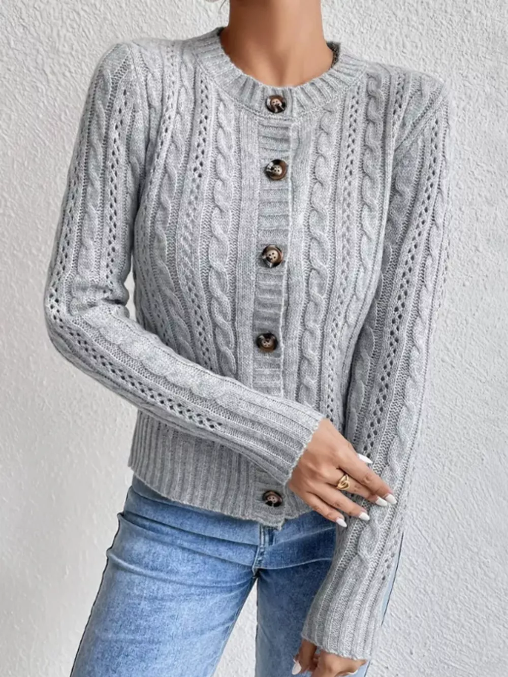 Cable Knit Button-Up Cardigan, image 10