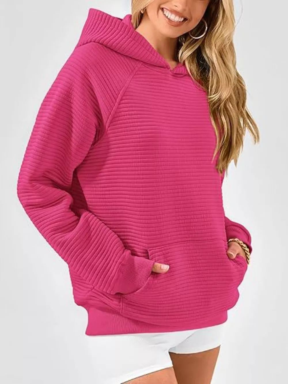 Texture Kangaroo Pocket Raglan Sleeve Hoodie, image 14