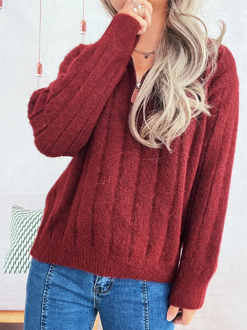Ribbed Hem Quarter Zip Sweater, image 11