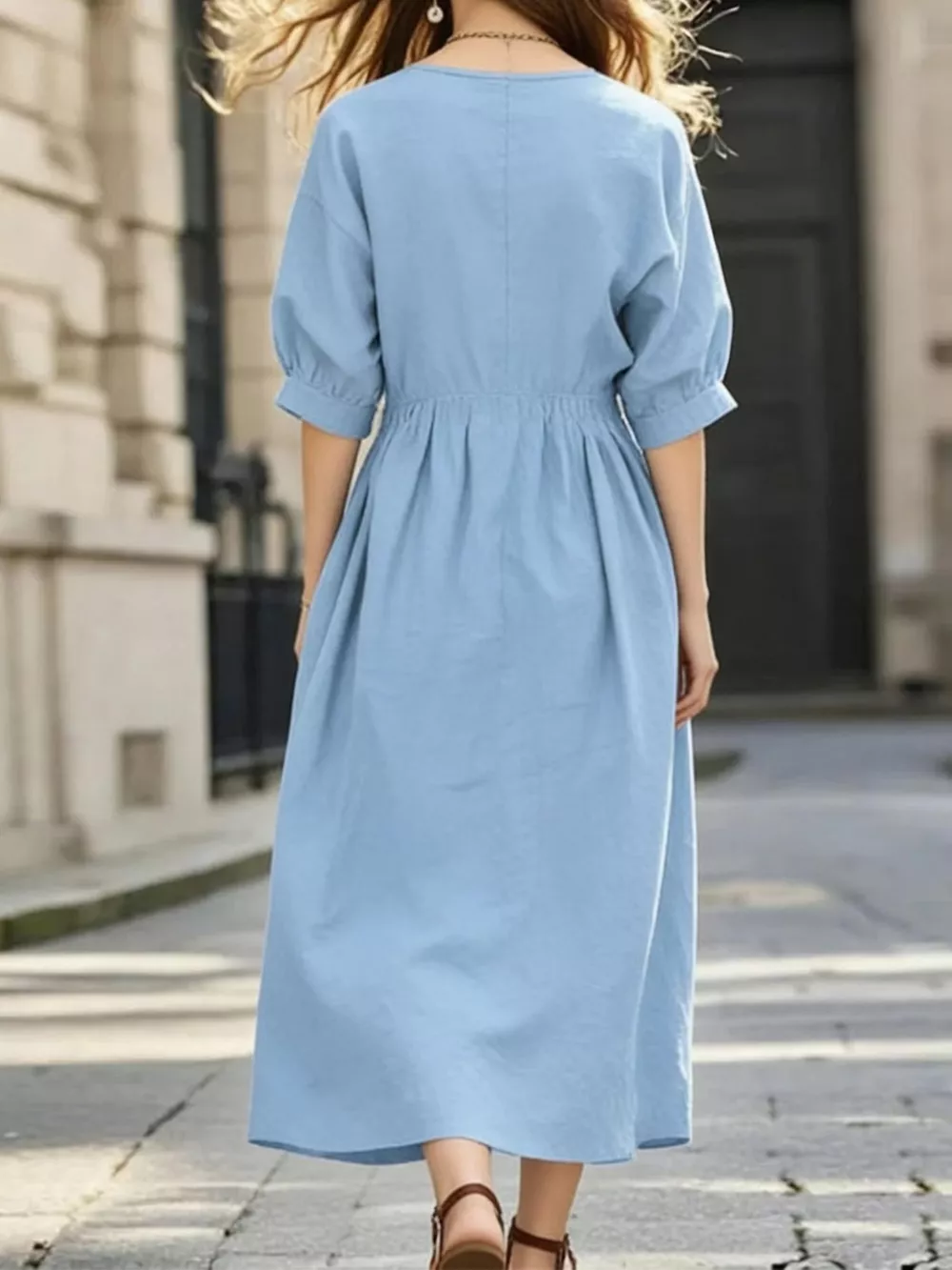 Notched Half Sleeve Midi Dress, image 2