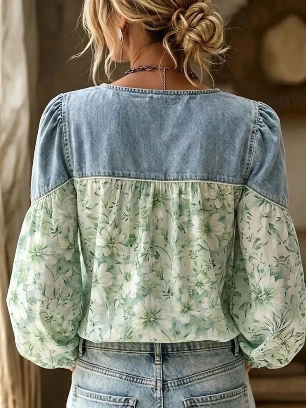 Full Size Denim Patchwork Floral Denim Top Plus Size, image 4
